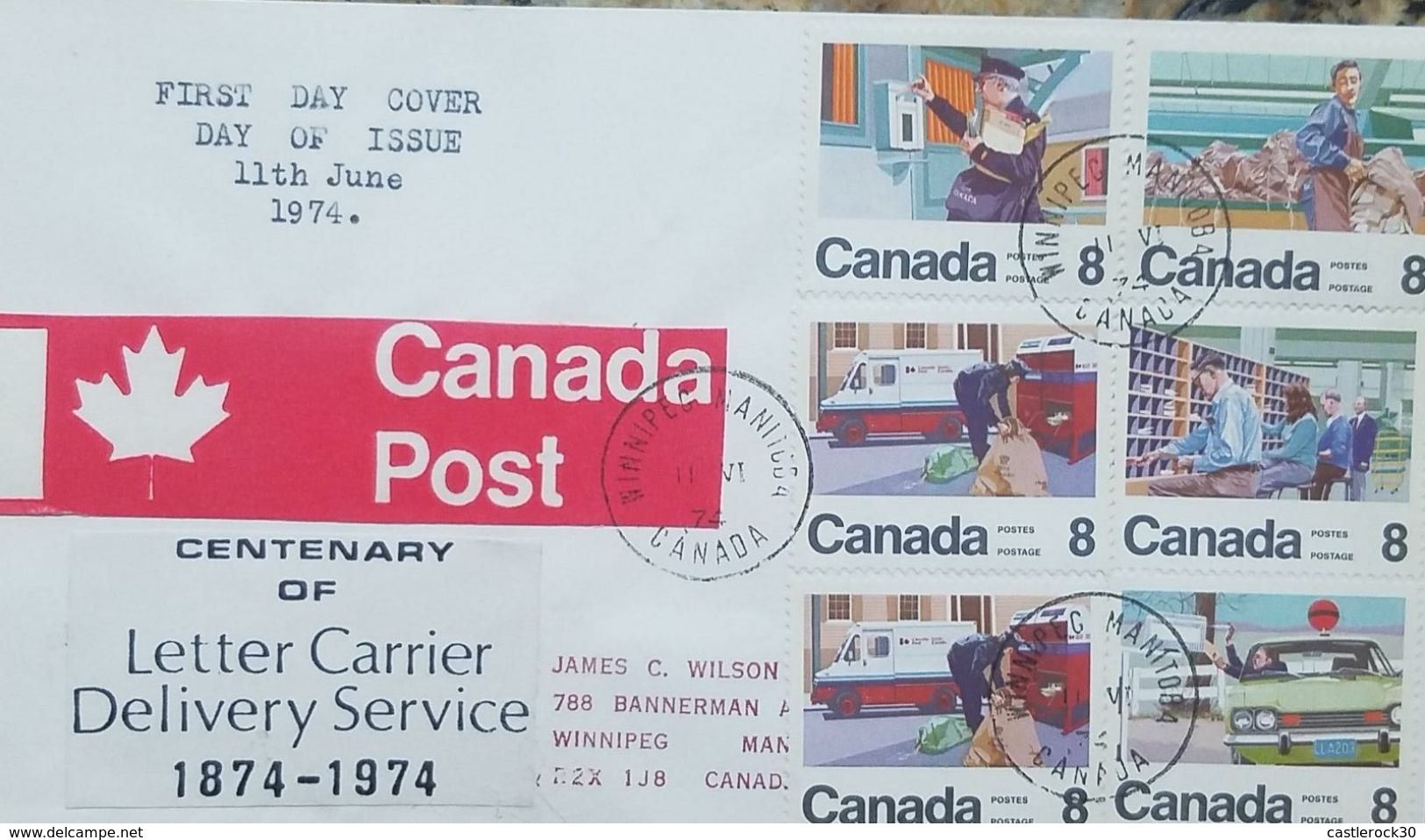 L) 1974 CANADA, CENTENARY OF THE LETTER CARRIER DELIVERY SERVICE - SERIES STAMPS, PEOPLE, CARS, WORKING, MULTIPLE STAMPS - 1971-1980