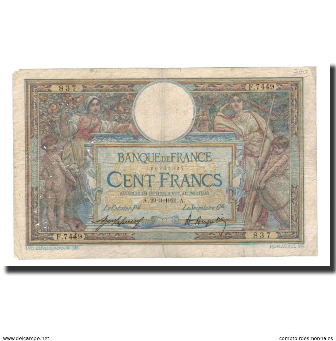 France, 100 Francs, 1921-03-29, TB, Fayette:23.14, KM:71b - 100 F 1908-1939 ''Luc Olivier Merson''