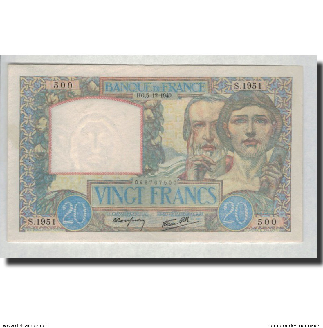 France, 20 Francs, 1940-12-05, TTB+, Fayette:12.10, KM:92b - 20 F 1939-1942 ''Science Et Travail''
