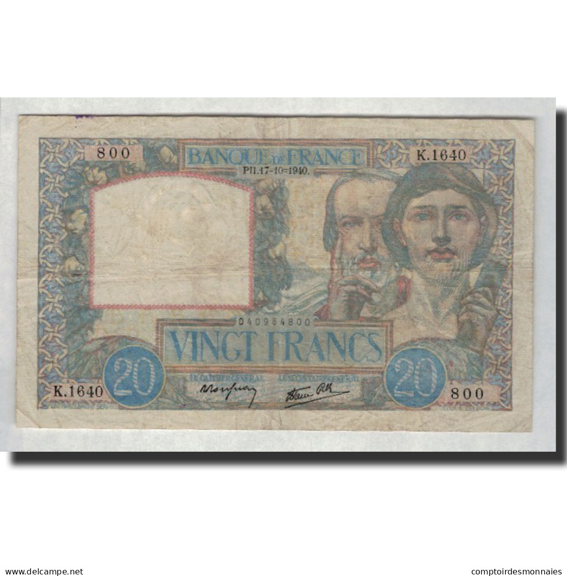 France, 20 Francs, 1940-10-17, TB, Fayette:12.9, KM:92b - 20 F 1939-1942 ''Science Et Travail''