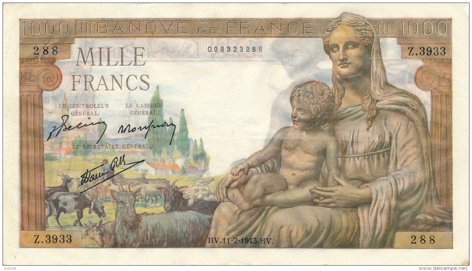 H20 - Billet - 1000 FRANCS  - DÉESSE DEMETER - 1 000 F 1942-1943 ''Déesse Déméter''