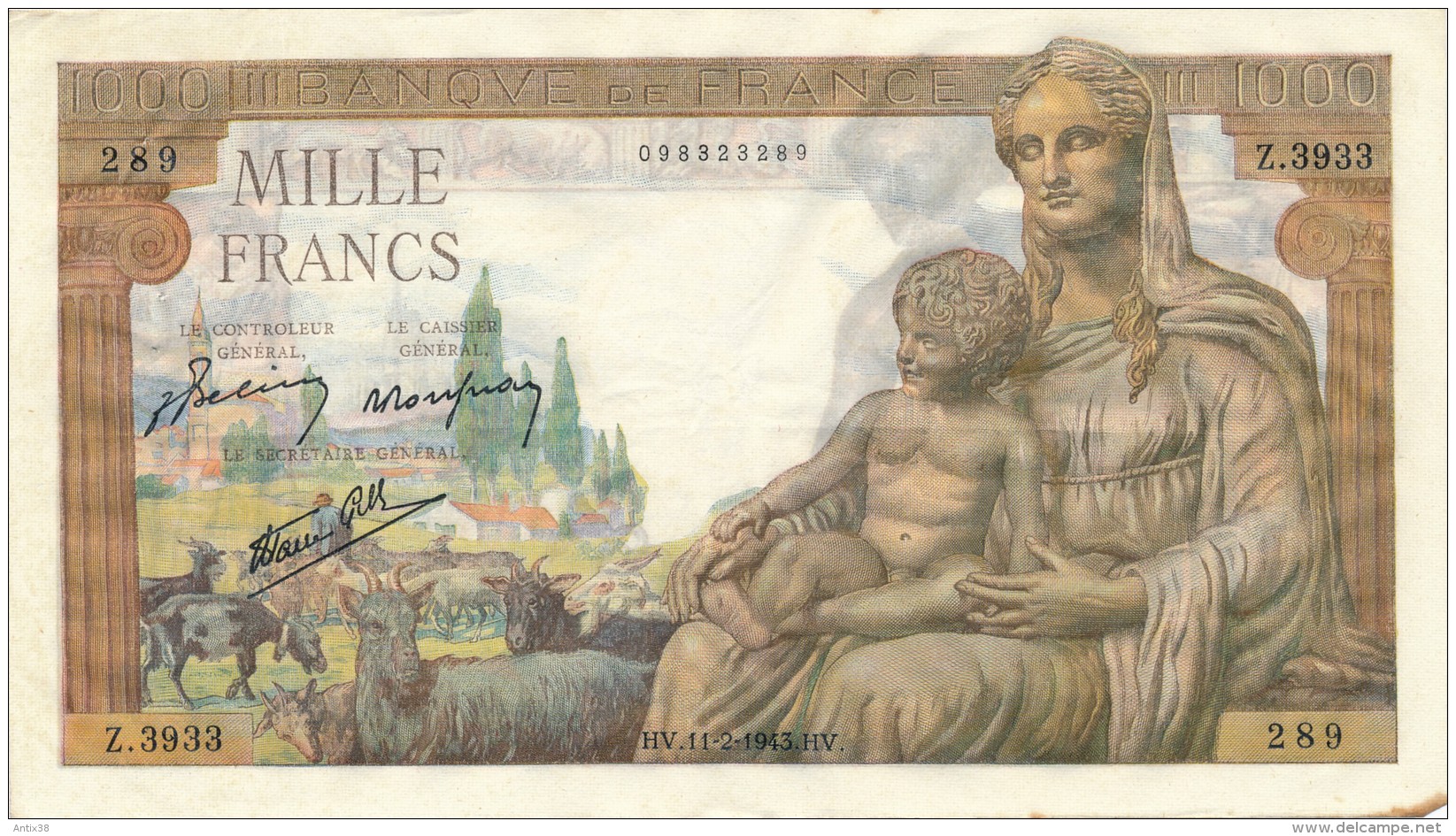 H20 - Billet - 1000 FRANCS  - DÉESSE DEMETER - 1 000 F 1942-1943 ''Déesse Déméter''