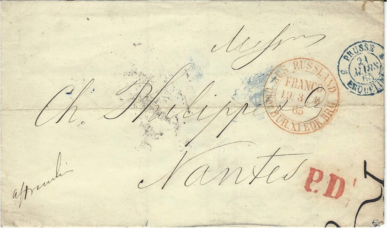 1865- Letter From ST PETERSBOURG   To Nantes ( France ) Red P.D.  + AUS RUSSLAND Franco  V. Der Linden 334 - Briefe U. Dokumente