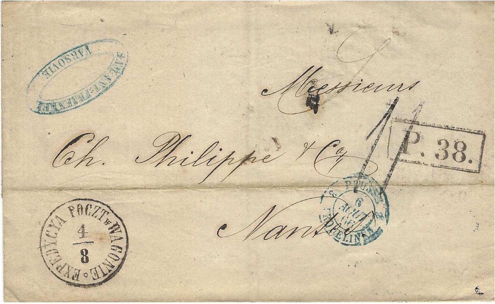 1866- Cover From VARSOVIE To Nantes ( France ) Rating 11 D  + P.38  + EXPEDYCYA POCZT W WAGONIE - ...-1860 Vorphilatelie