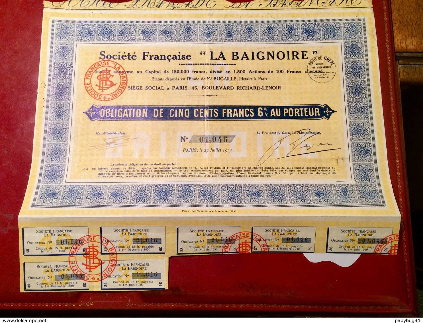 Sté   Française   <  La   BAIGNOIRE  >   ---------   Obligation  De   500 Frs - Industry