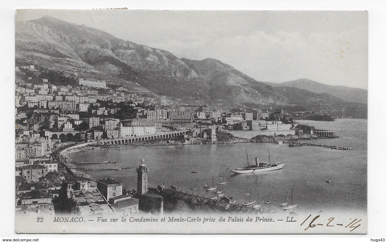 (RECTO / VERSO) MONACO EN 1914 - N° 22 - VUE SUR LA CONDAMINE ET MONTE CARLO - CACHET ET TIMBRES DE MONACO - CPA VOYAGEE - La Condamine