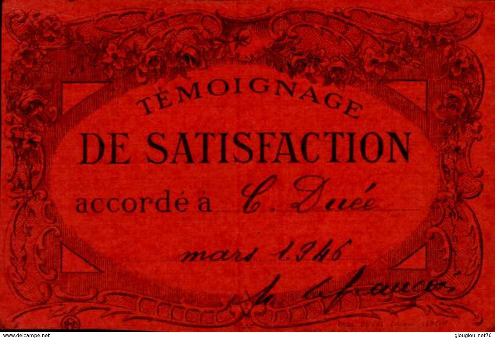 TEMOIGNAGE DE SATISFACTION     EN 1946  Mme COLETTE DUEE - Diplomi E Pagelle