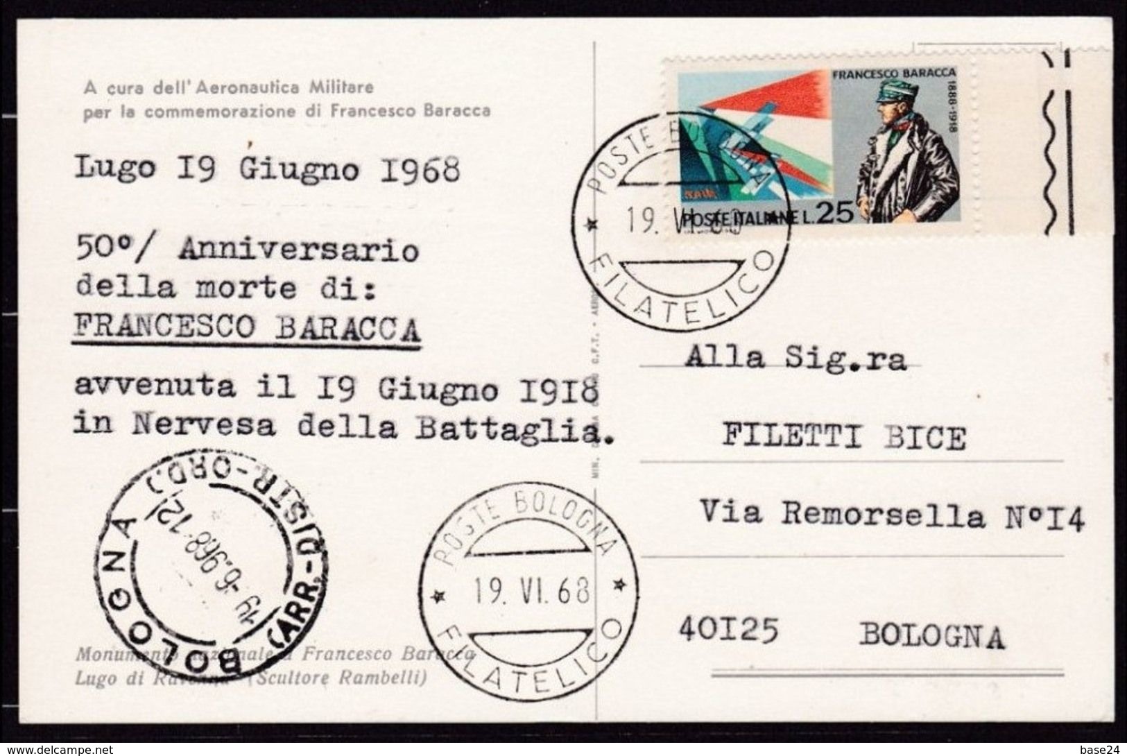 1968 Italia Lugo Di Romagna Cartolina MONUMENTO NAZIONALE A FRANCESCO BARACCA Areonautica Militare Viaggiata Bologna 25L - WW1