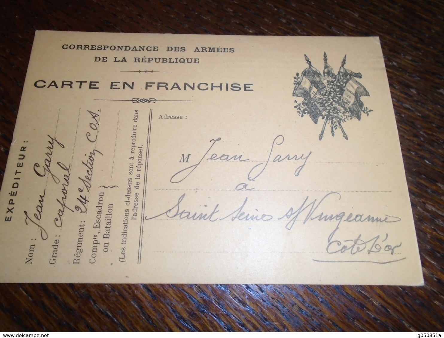 1915- Pour COTE D' OR -OBL/ CORRESPONDANCES AUX ARMEES - POUR St SEINE Sur VINGEANNE -2 Photos - Storia Postale