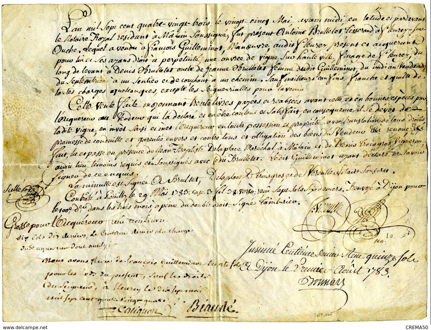 Manuscrit De 1783 Sur Parchemin (peau) Acte De Vente D'une Vigne à Fleury Sous Ouche Côte D'Or. Part Antoine Brulletet - Manuscrits