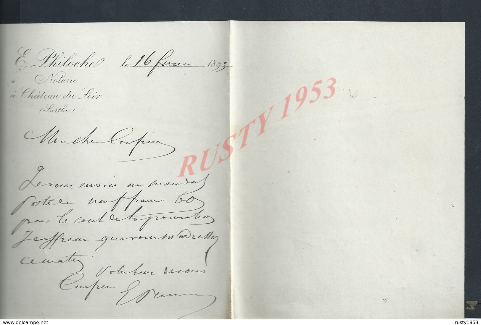 LETTRE DE E PHILOCHE NOTAIRE À CHATEAU DU LOIR  1893 : - Manuscripts