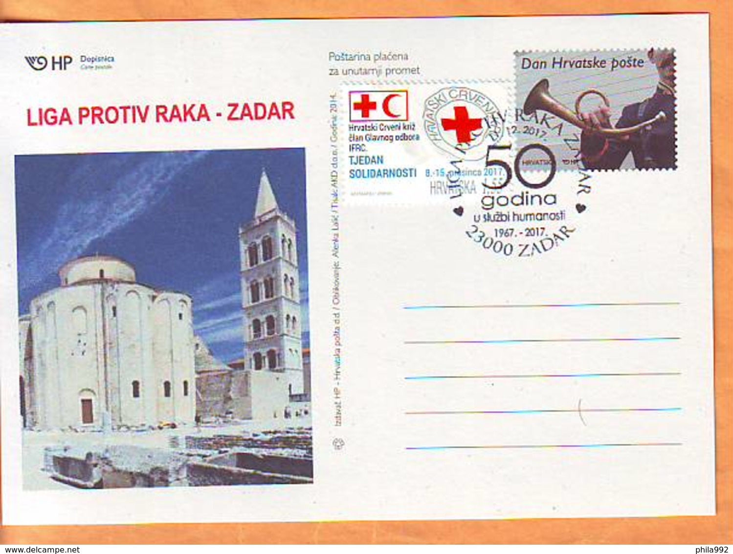 Croatia 2017 Y Postcard Overprint Red Cross League Against Cancer Postmark Zadar 11.12. - Kroatien