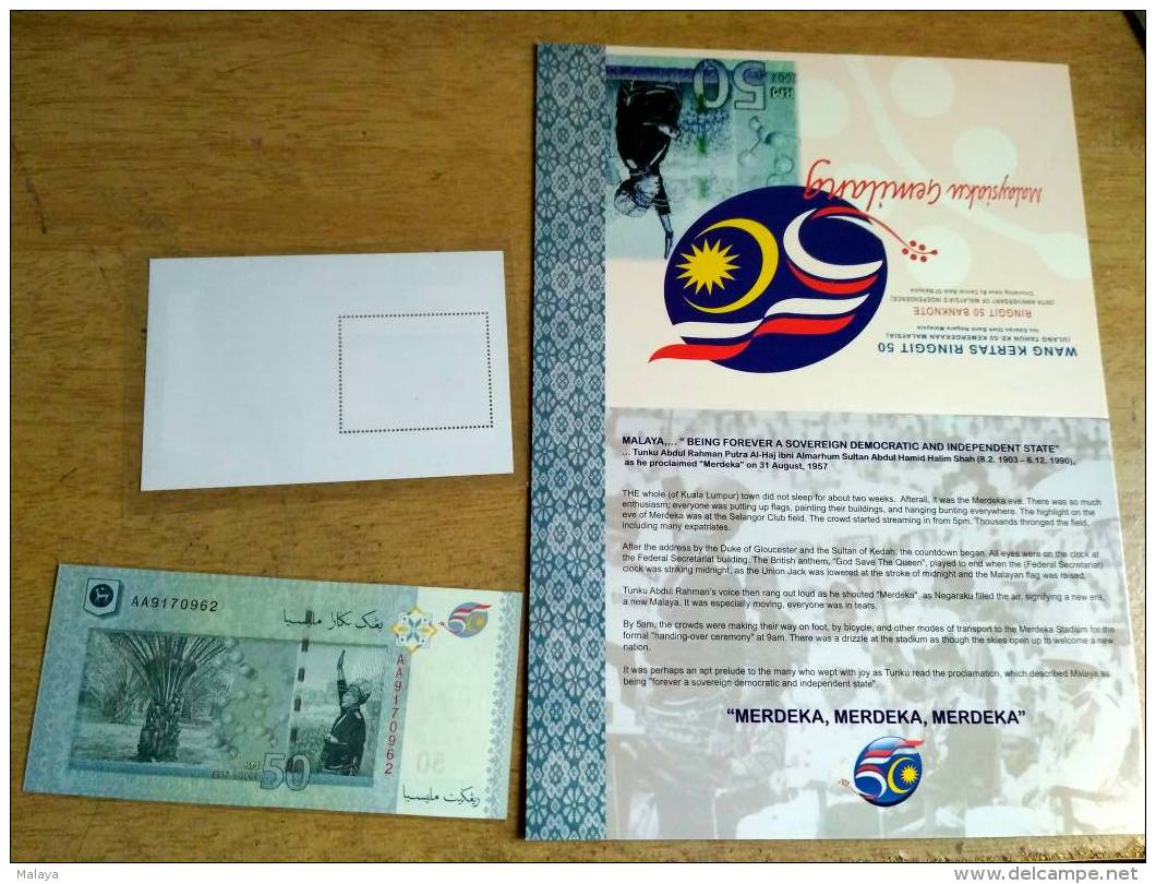 Vintage MALAYSIA 50 RINGGIT 2007 UNC AA FIRST PREFIK INDEPENDENCE FOLDER SET COMBO STAMP - Malaysia
