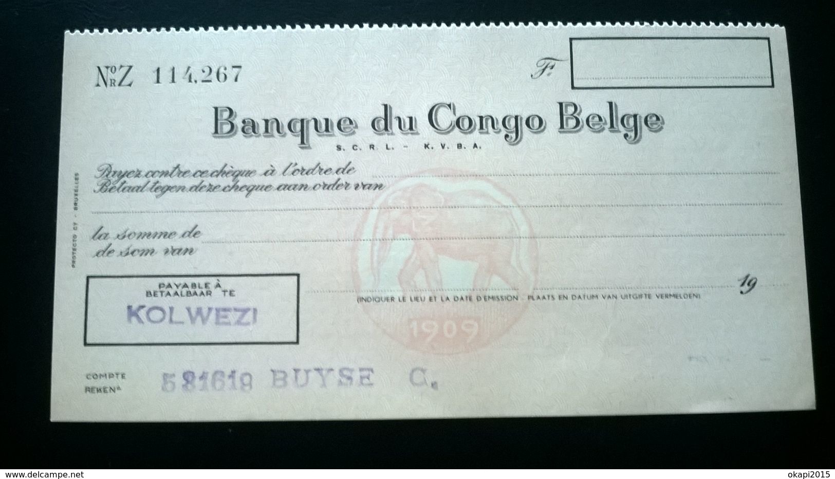 Vieux Chèque De La " BANQUE DU CONGO-BELGE". Colonisation Belge Du Congo.Payable à Kolwezi.Année 1960. - Assegni & Assegni Di Viaggio