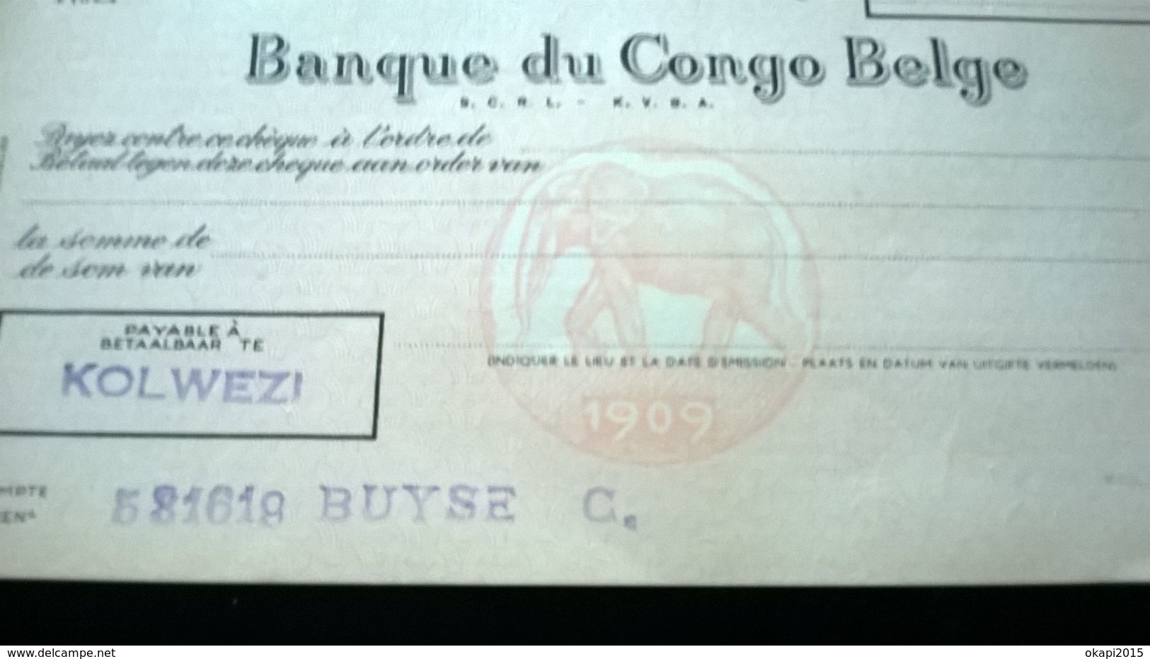 Vieux Chèque De La " BANQUE DU CONGO-BELGE". Colonisation Belge Du Congo.Payable à Kolwezi.Année 1960. - Chèques & Chèques De Voyage