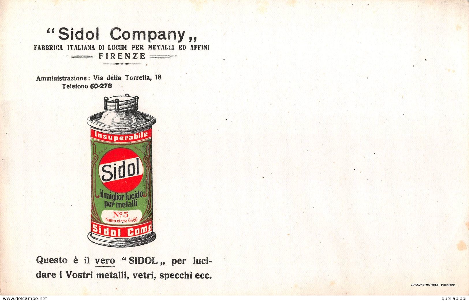 07246 "SIDOL COMPANY - FIRENZE - FABBRICA ITAL. DI LUCIDI PER METALLI ED AFFINI - CARTA ASSORBENTE" CONTENITORE NR. 5 - Produits Ménagers