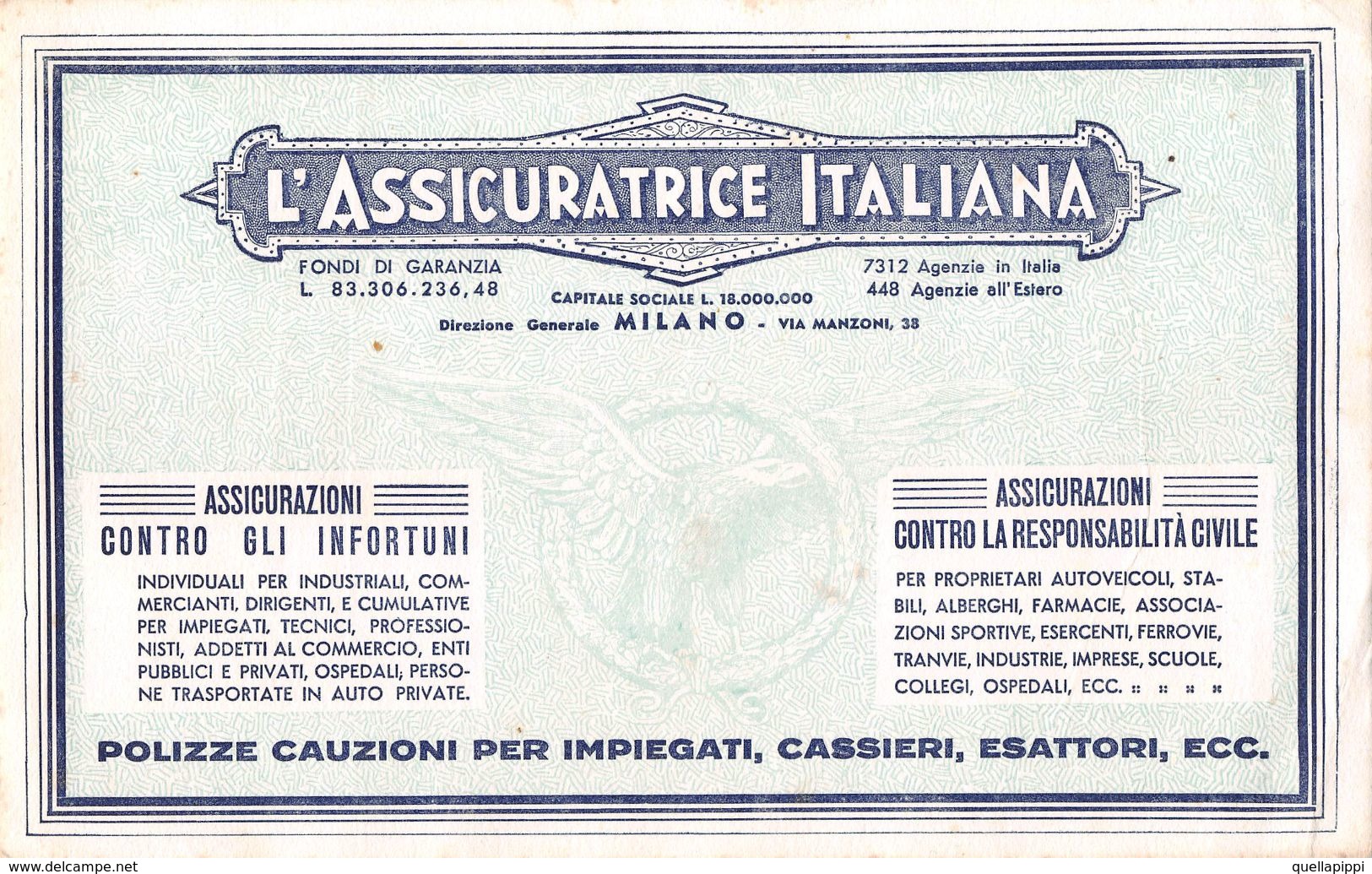 07247 "L'ASSICURATRICE ITALIANA - MILANO - CARTA ASSORBENTE" ASS.NE INFORTUNI - RESPONSABILITA' CIVILE - A