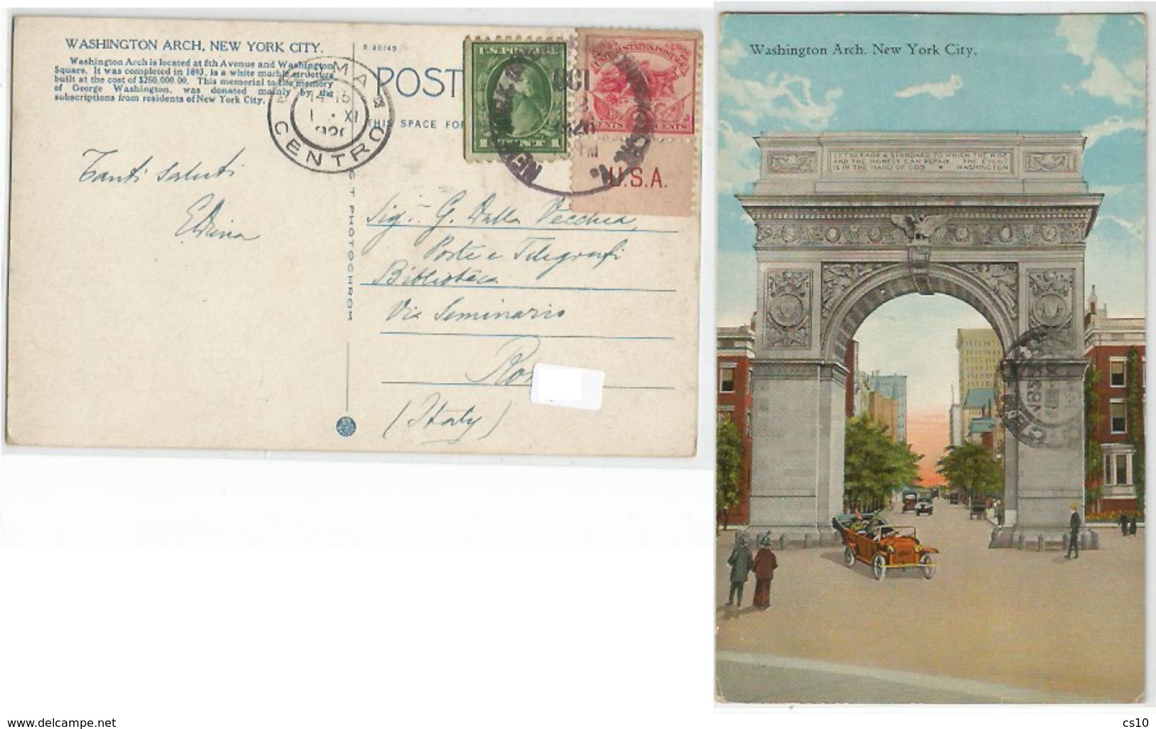 USA White Plains C.2 With Sheet Margin + C.1 Prexies On Washington Arch PPC NYC 22oct1926 To Italy - Covers & Documents