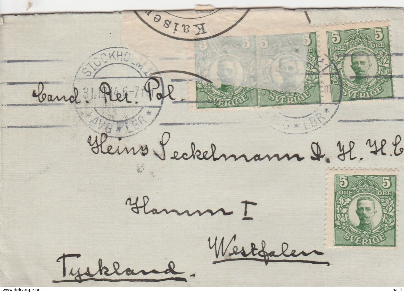 Suède Lettre Censurée Pour L'Allemagne 1914 - 1910-1920 Gustaf V