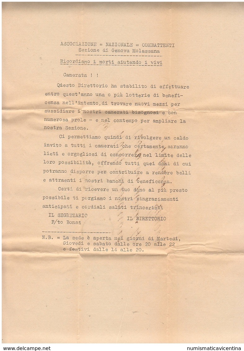 Molassana Genova 1934 Lettera X Lotteria Combattenti - Documents