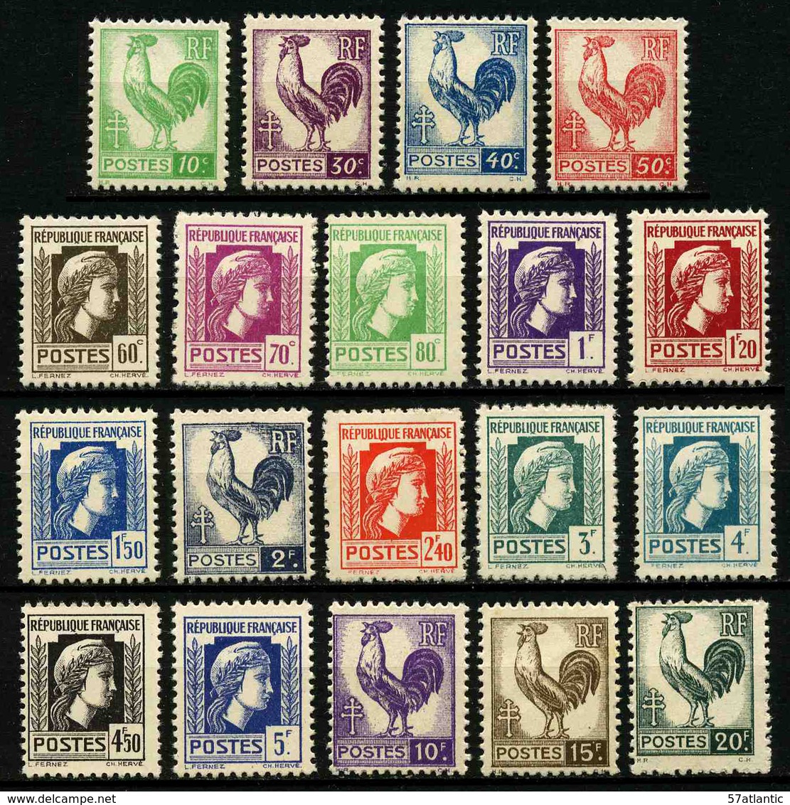 FRANCE -  YT 630 à 648 ** - COQ ET MARIANNE D'AGER - SERIE COMPLETE 19 TIMBRES NEUFS ** - 1944 Hahn Und Marianne D'Alger