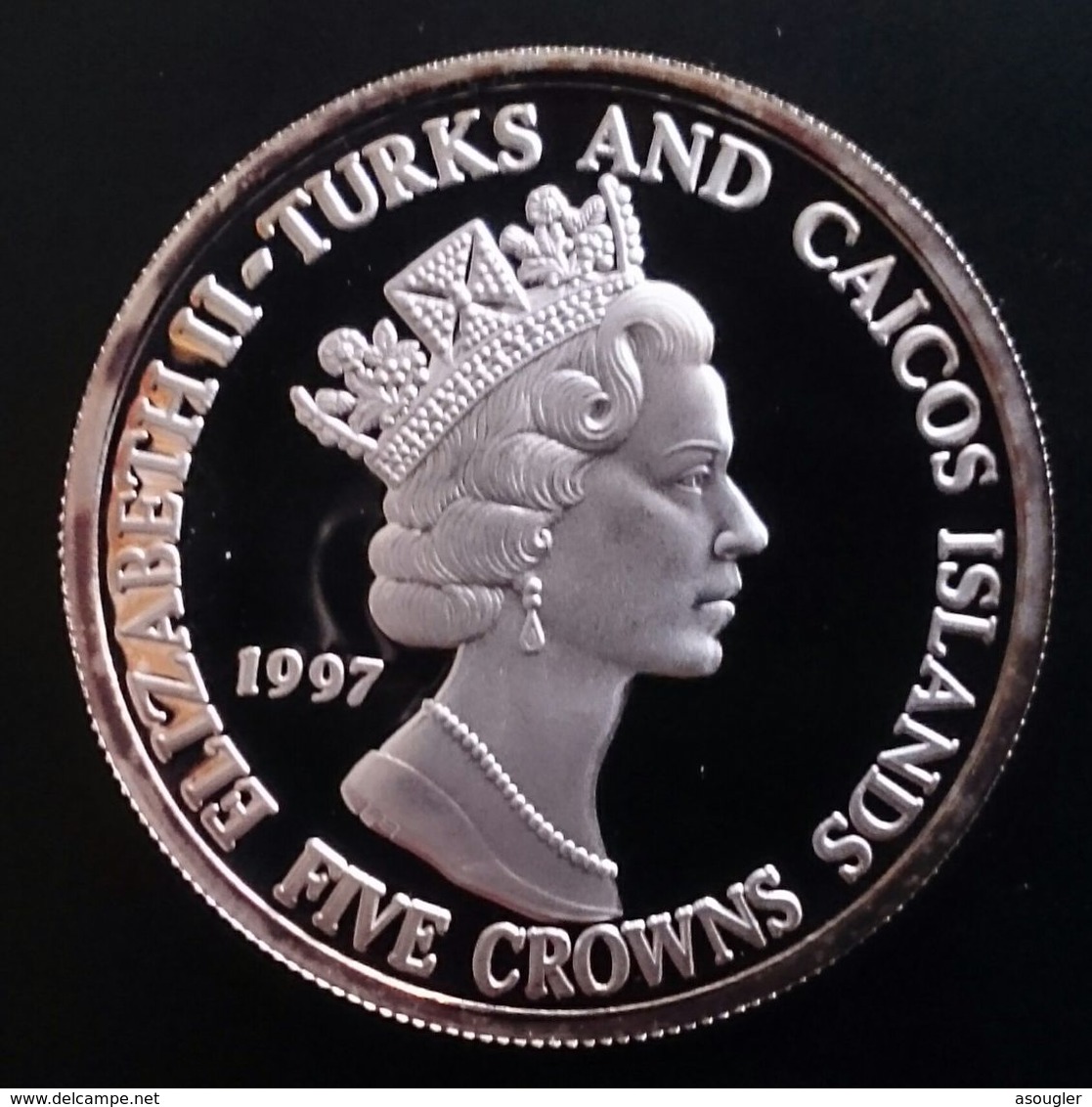 Turks And Caicos Islands 5 CROWNS 1997 SILVER PROOF "QUEEN ELIZABETH THE QUEEN MOTHER LADY OF THE CENTURY" Free Shipping - Turks And Caicos Islands