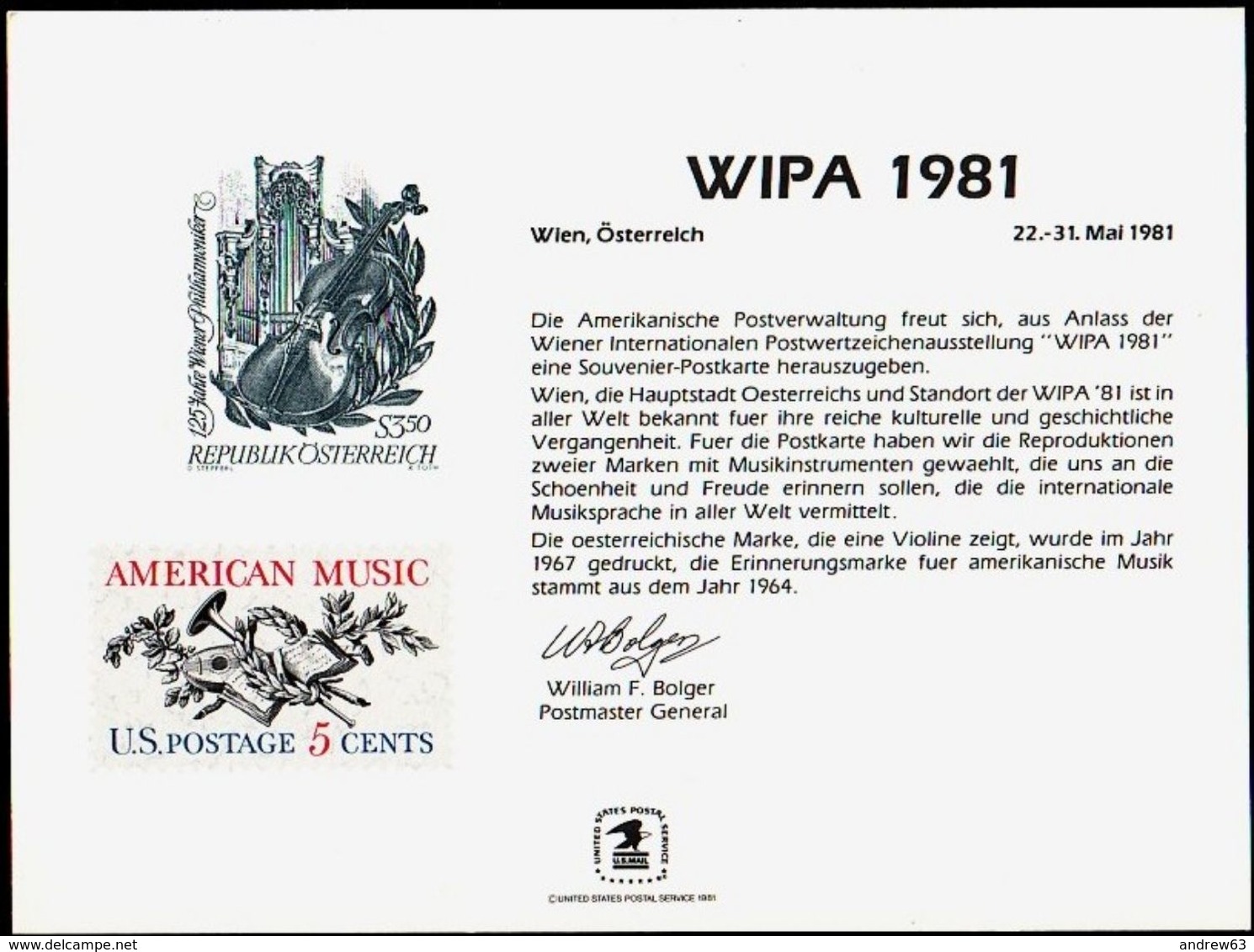 STATI UNITI - USA - 1981 - Mint Souvenir Card - WIPA '81 - Souvenirs & Special Cards