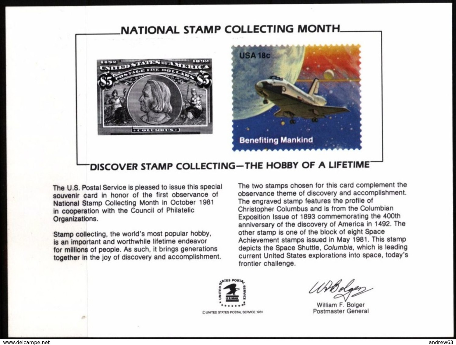 STATI UNITI - USA - 1981 - Mint Souvenir Card - US National Stamp Collecting Month - Cartes Souvenir