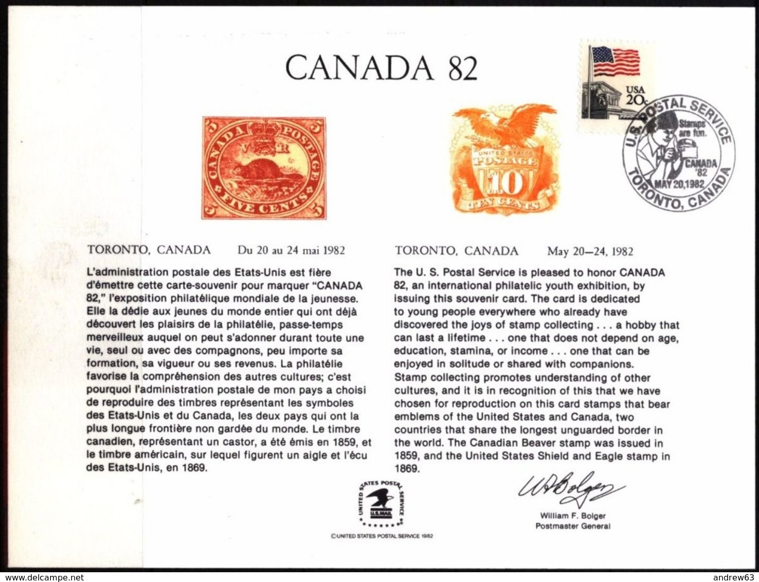 STATI UNITI - USA - 1982 - Cancelled Mint Souvenir Card - CANADA '82 - Cartes Souvenir