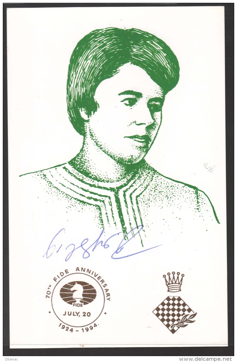 Autograph Nona Garpindashvili, World Chess Champion. Chess Postmark Belgrade 1994 On The Back - Historical Famous People