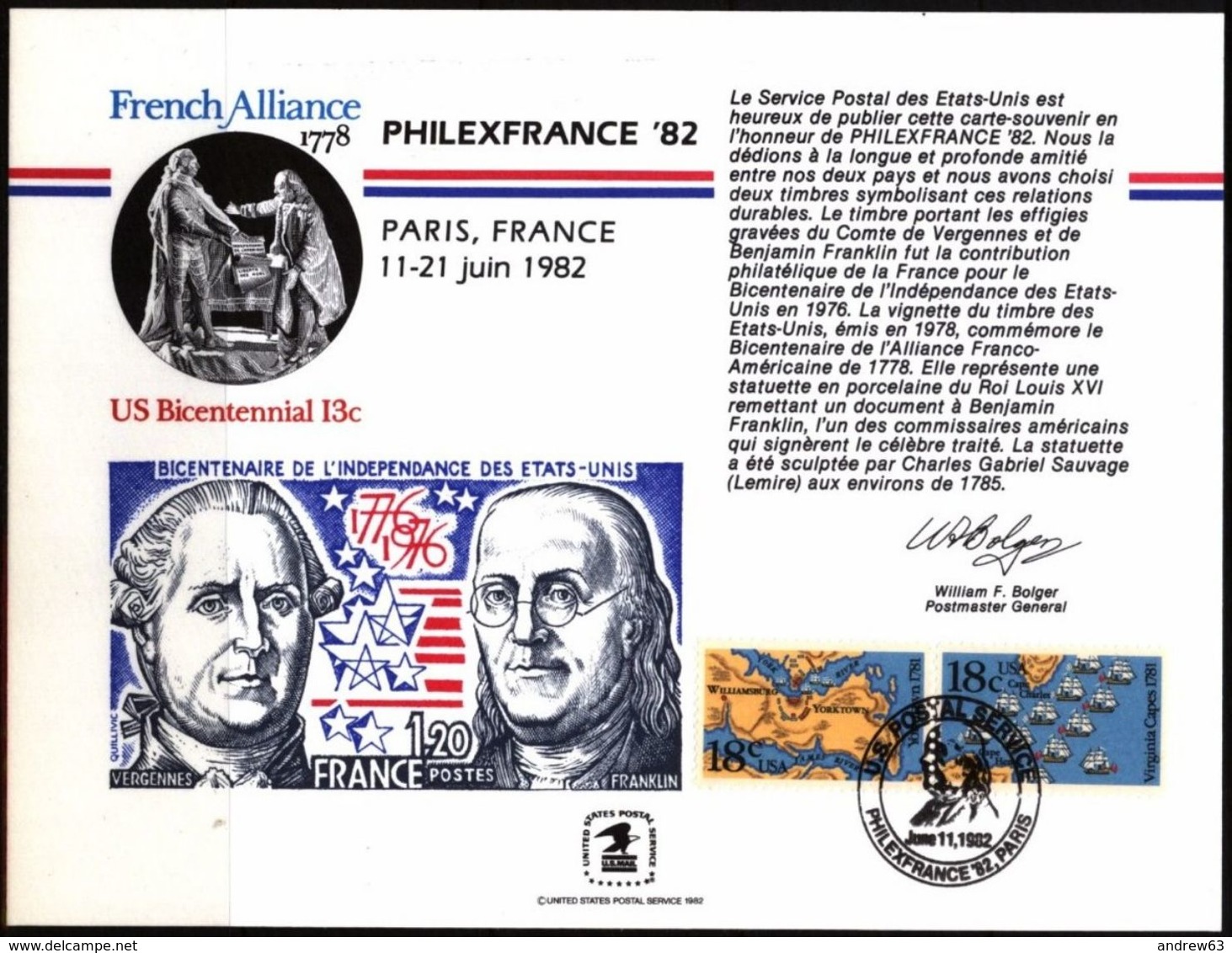 STATI UNITI - USA - 1982 - Cancelled Mint Souvenir Card - PHILEXFRANCE '82 - Souvenirkaarten