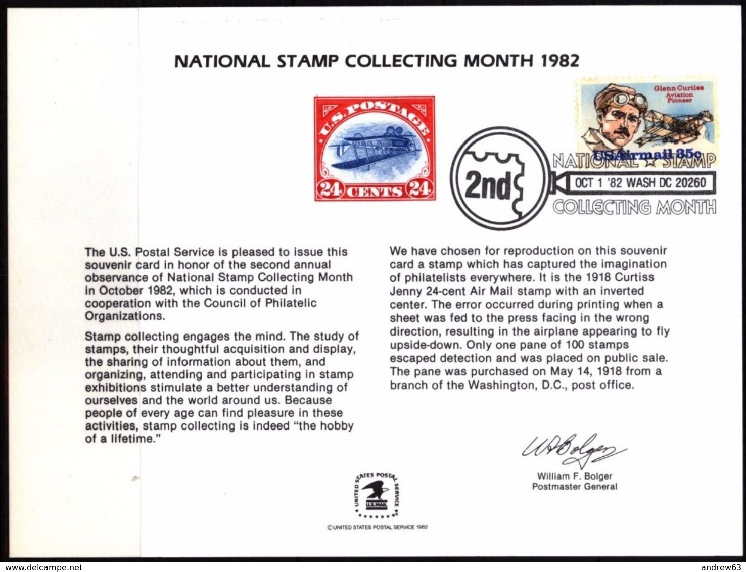 STATI UNITI - USA - 1982 - Cancelled Mint Souvenir Card - US National Stamp Collecting Month - Recordatorios