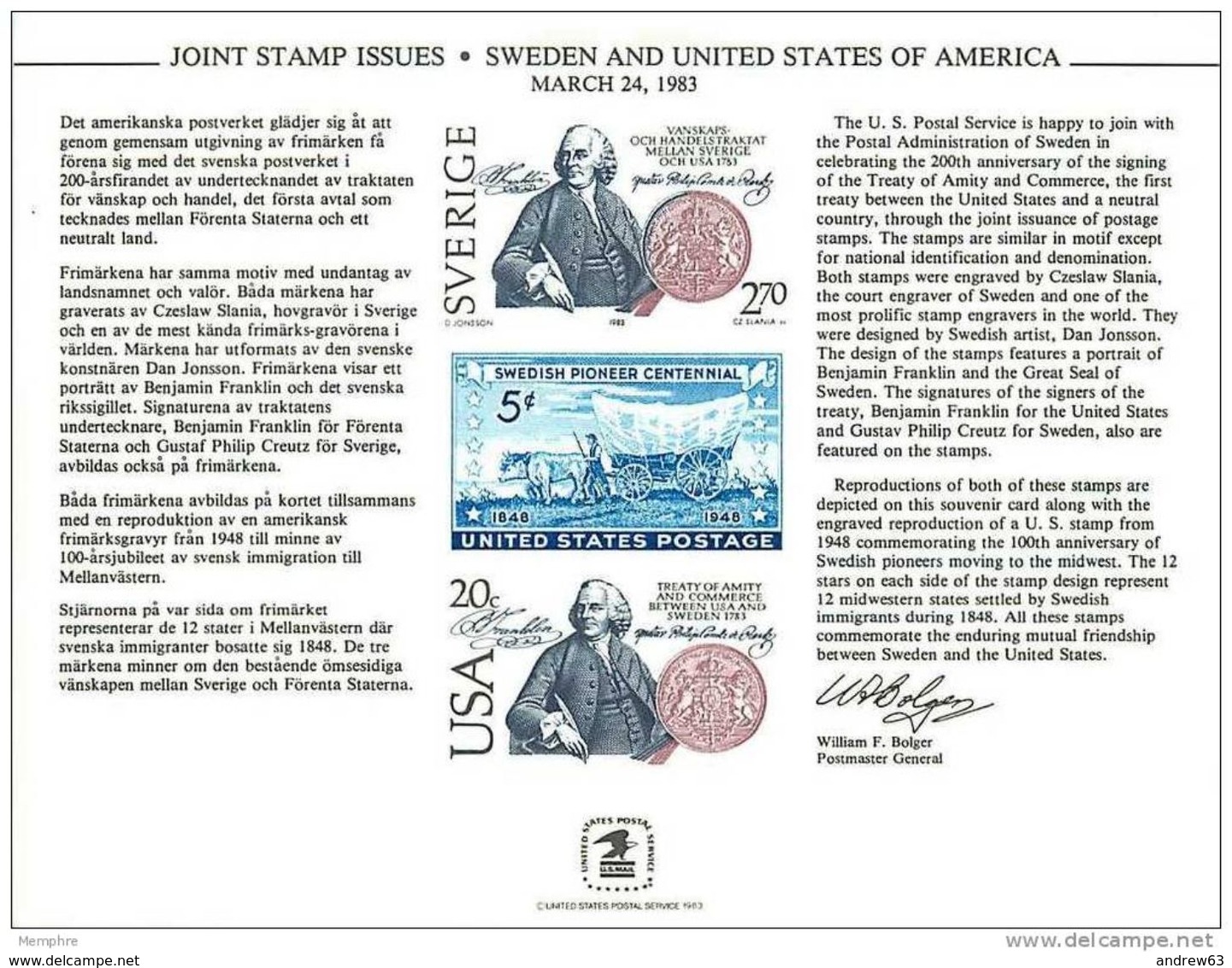 STATI UNITI - USA - 1983 - Mint Souvenir Card - Joint Stamp Issues - USA-SWEDEN 200th Ann. Of Treaty - Recordatorios