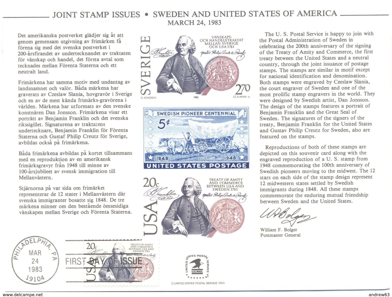 STATI UNITI - USA - 1983 - Cancelled Mint Souvenir Card - Joint Stamp Issues - USA-SWEDEN 200th Ann. Of Treaty - FDC - Souvenirkarten