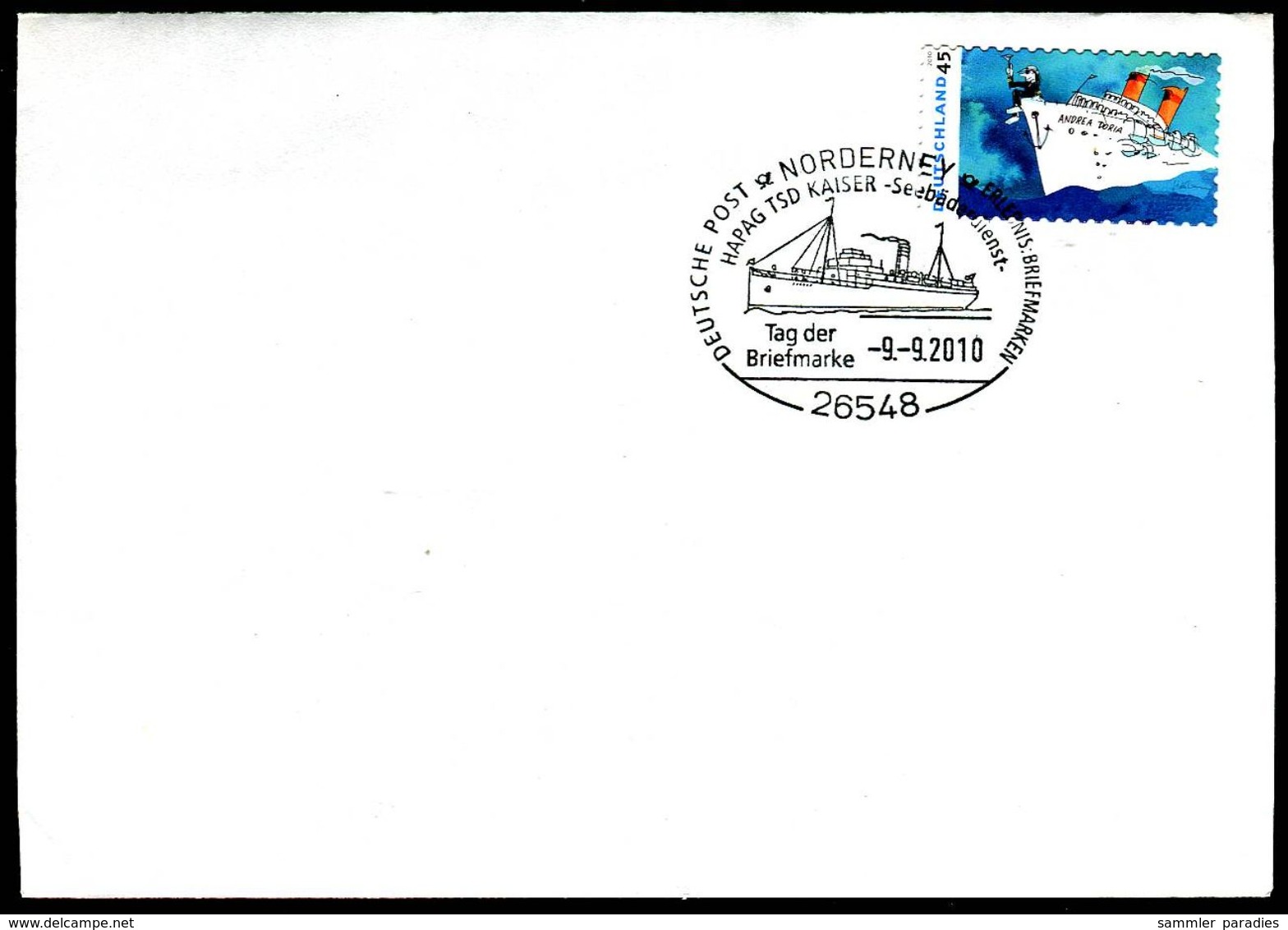 01533) BRD - Brief Michel 2807 - SoST Vom 09.09.2010 In 26548 NORDERNEY, TDS Kaiser, Seebäderdienst, Tag Der Briefmarke - Maschinenstempel (EMA)