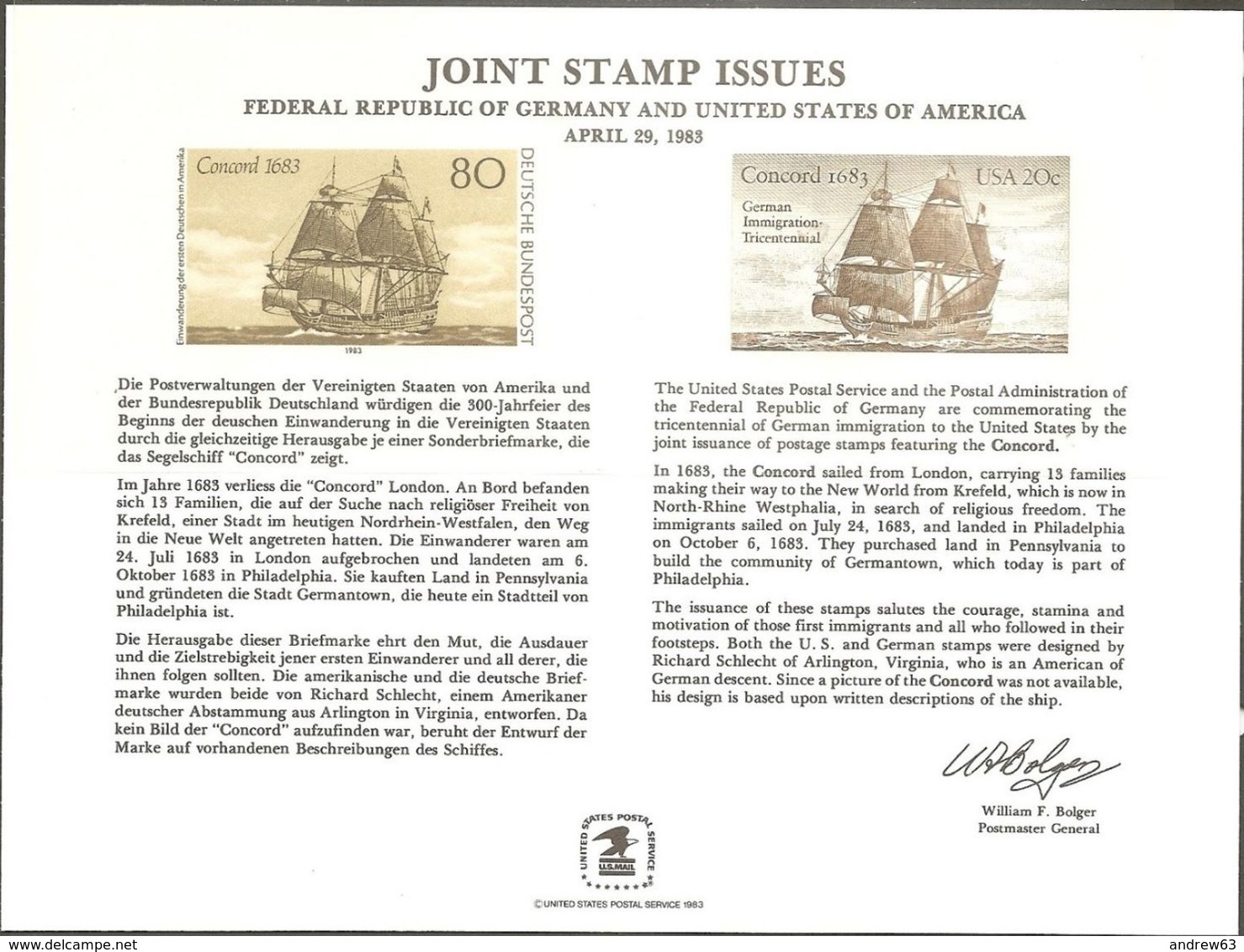 STATI UNITI - USA - 1983 - Mint Souvenir Card - Joint Stamp Issues - USA-GERMANY 300th Ann. German Emigration To The US - Recordatorios