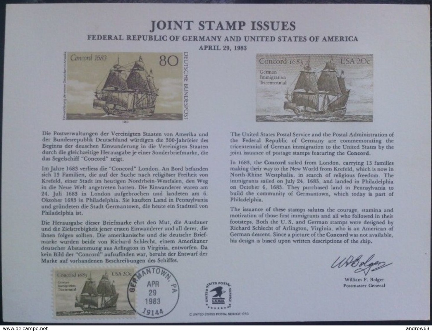 STATI UNITI - USA - 1983 - Cancelled Mint Souvenir Card - Joint Stamp Issues - USA-GERMANY 300th Ann. German Emigration - Cartes Souvenir