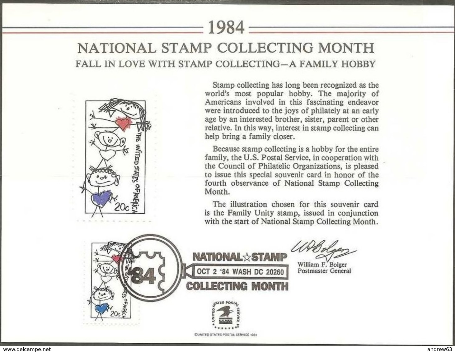 STATI UNITI - USA - 1984 - Cancelled Mint Souvenir Card - US National Stamp Collecting Month - Cartoline Ricordo
