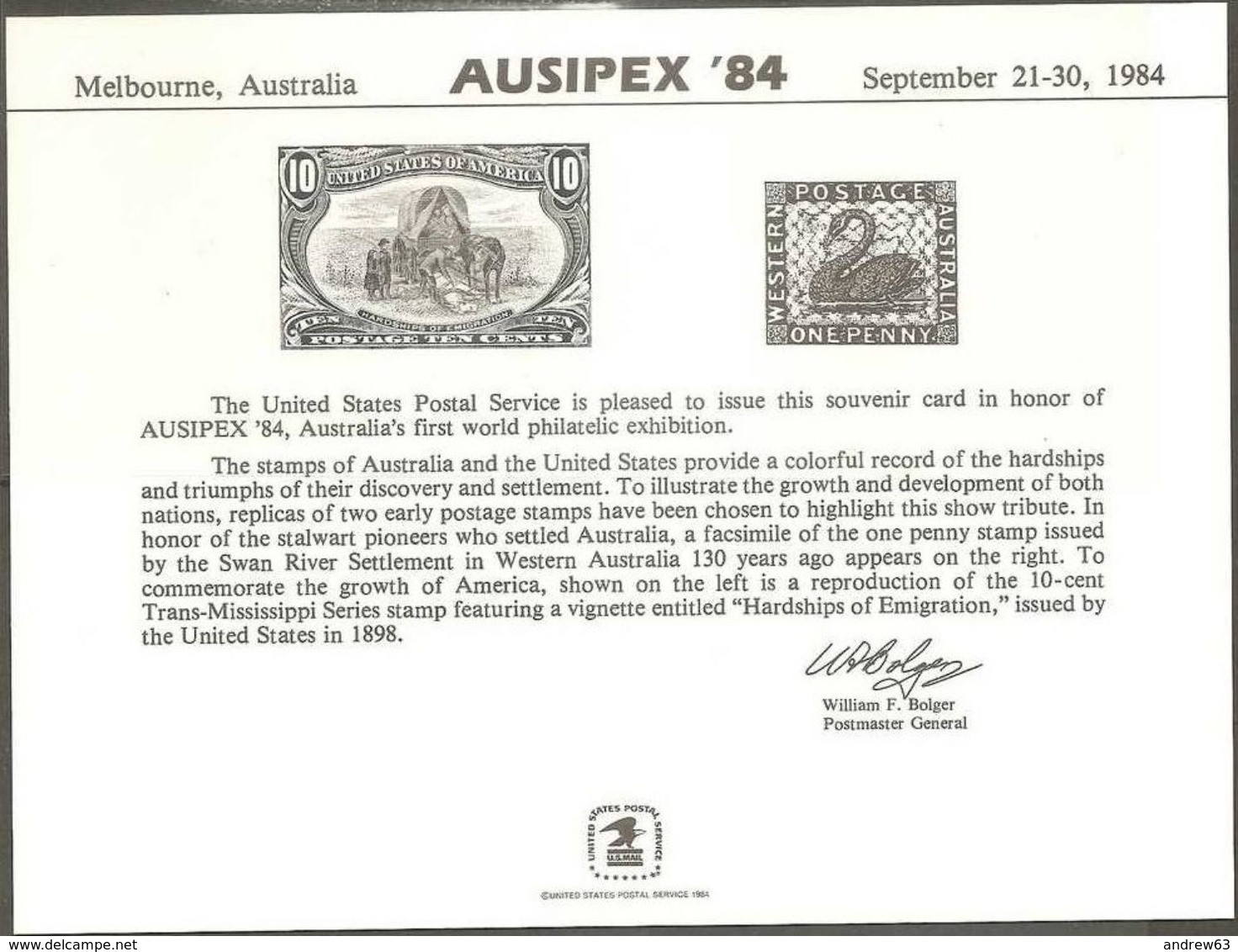 STATI UNITI - USA - 1984 - Mint Souvenir Card - AUSIPEX '84 - Recordatorios
