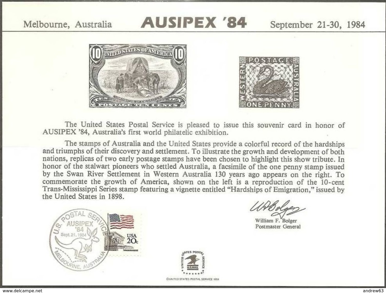 STATI UNITI - USA - 1984 - Cancelled Mint Souvenir Card - AUSIPEX '84 - Souvenirs & Special Cards