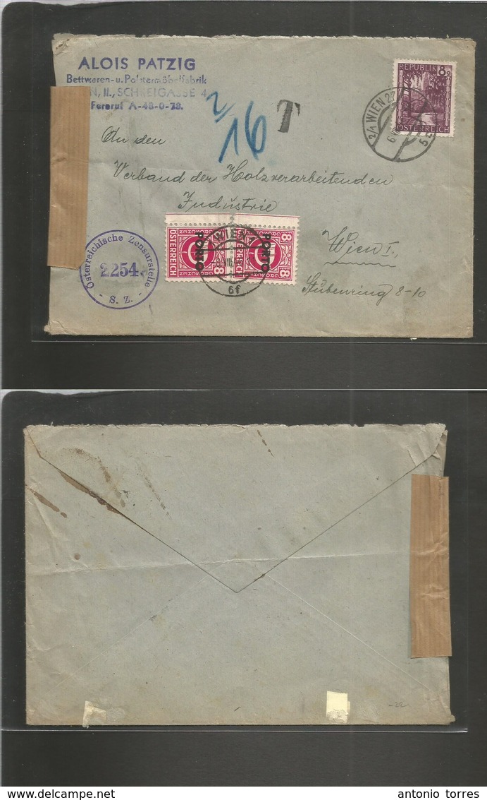 Austria. 1946 (6 Aug) Wien Local Usage. Soviet Occupation After WWII Period. Fkd + Taxed Envelope. VF Usage. - Other & Unclassified