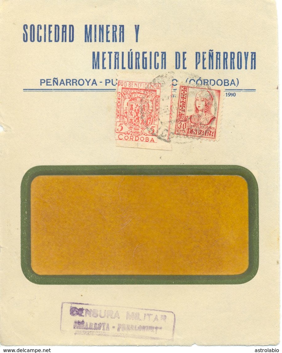 Peñarroya-Pueblonuevo, Córdoba 1938 Censura Y Benéfico Sobre Frontal De Carta - Nationalistische Censuur