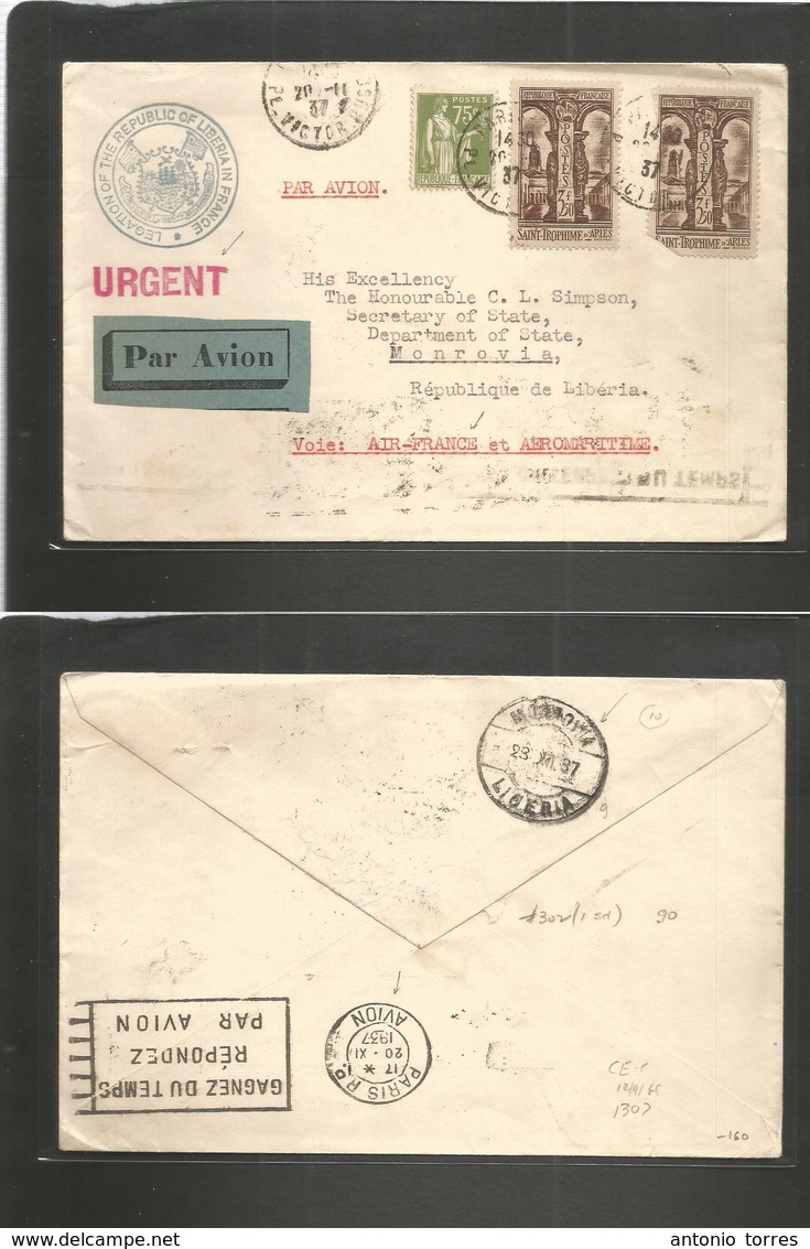 France - Xx. 1937 (20 Nov) World Airmails. Paris - Liberia, Monrovia (23 Dec) Express Air Multifkd Envelope. From Liberi - Other & Unclassified