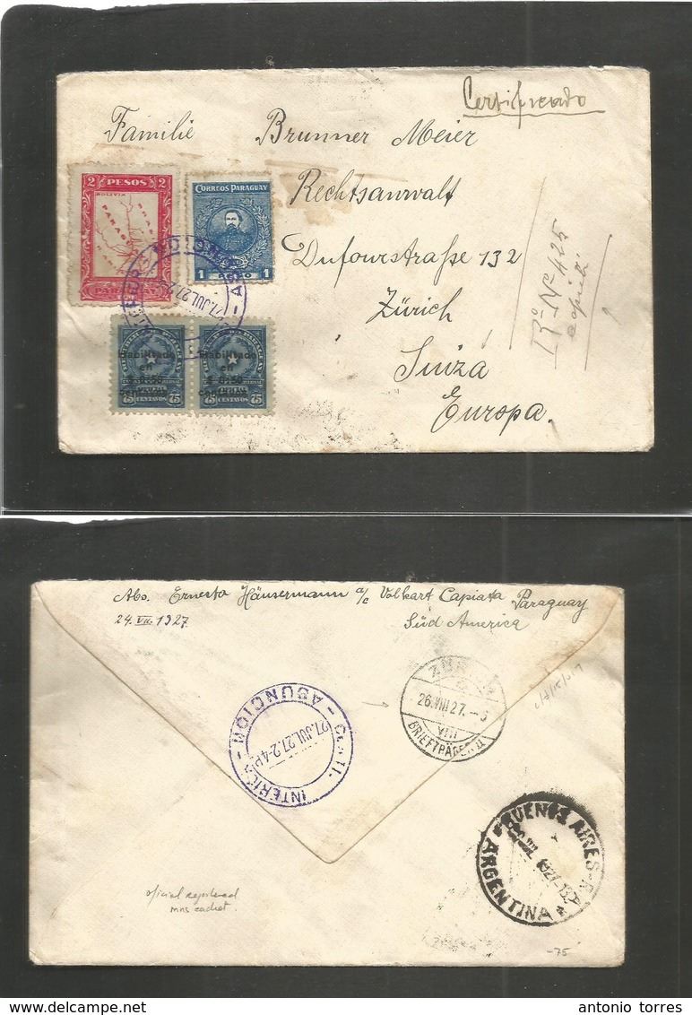 Paraguay. 1927 (27 Julio) Asuncion - Switzerland, Zurich (26 Aug) Via Argentina, Buenos Aires (29 July) Official Registe - Paraguay