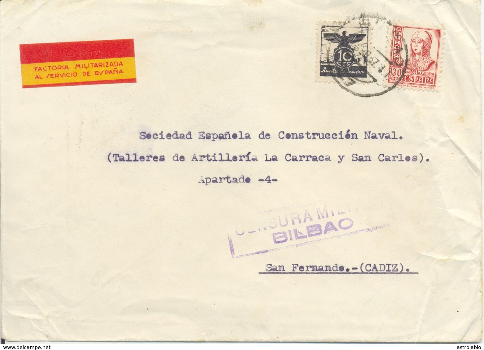 Factoría Militarizada Viñeta, Carta De Bilbao A San Fernando, Cádiz 1937 Auxilio Invierno, Censura, Lettre.cover. 2 Scan - Viñetas De La Guerra Civil