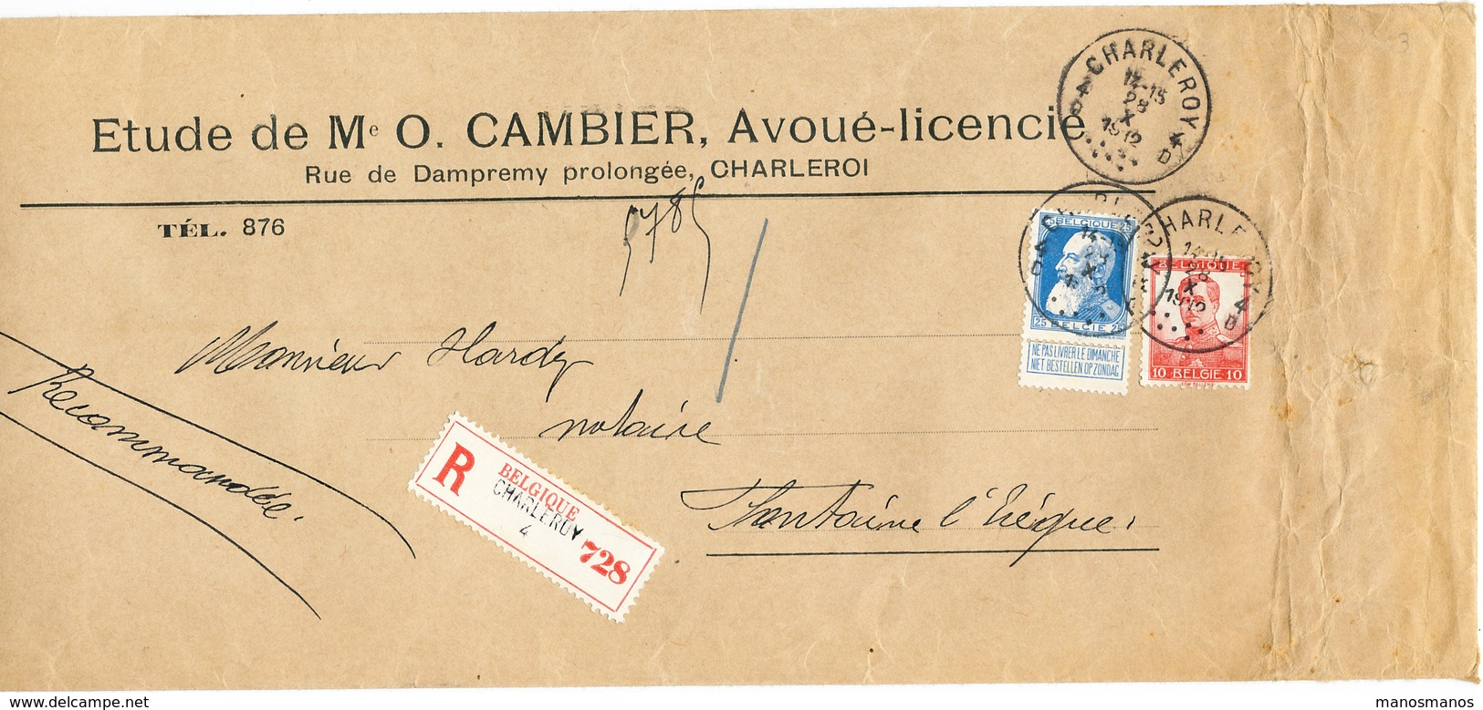 111/26 - Papiers D'Affaires RECOMMANDES Affranchissement MIXTE TP Grosse Barbe Et Pellens CHARLEROI 1912 - 1905 Barba Grossa