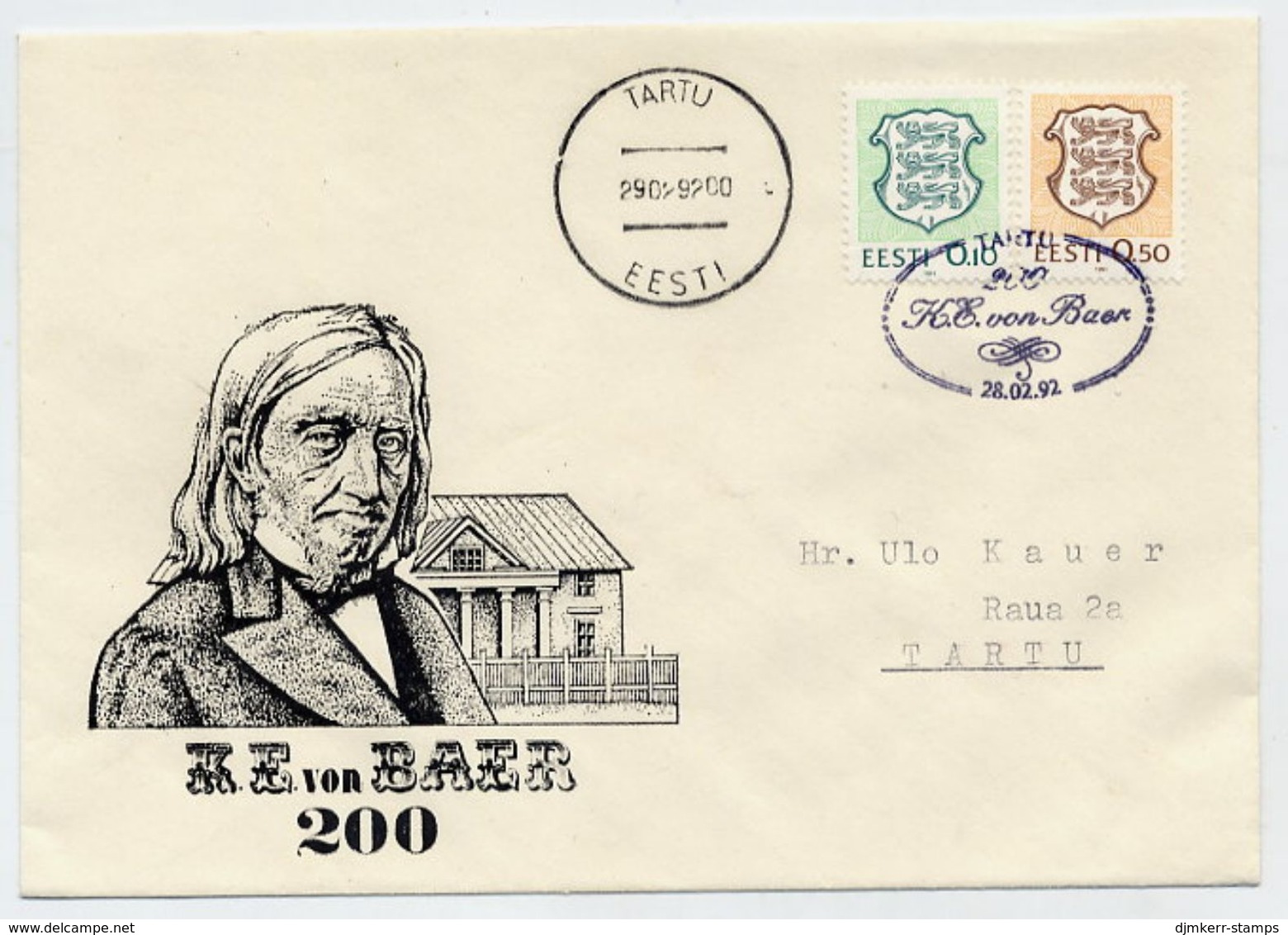 ESTONIA 1992 Commemorative Cover And Postmark Bicentenary Of Von Baer. - Estland