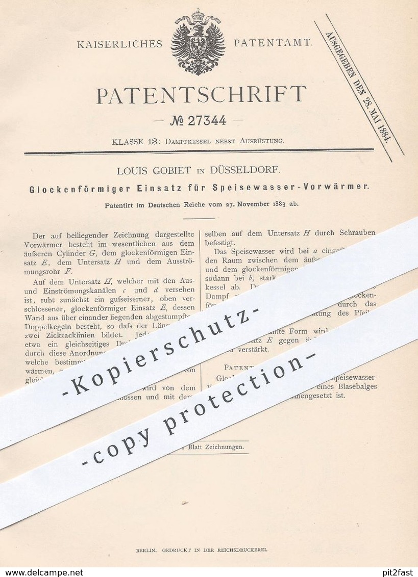 Original Patent - Louis Gobiet , Düsseldorf , 1883 , Glockenförmiger Einsatz Für Speisewasser - Vorwärmer | Dampfkessel - Documenti Storici