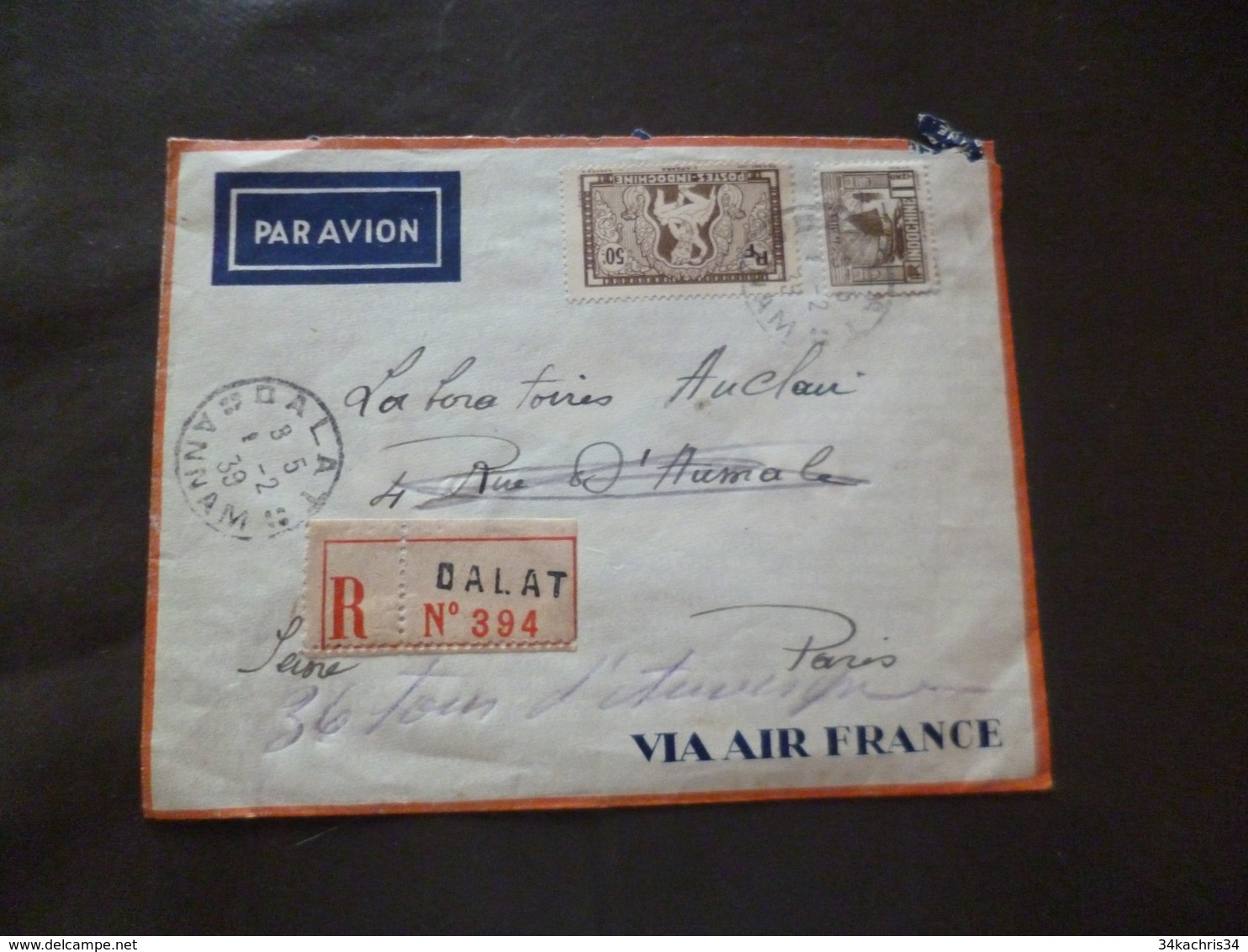 Lettre Colonies Françaises Indochine   Avec 2 TP Recommandé Dalat Pour Paris   01/02/1939 - Storia Postale