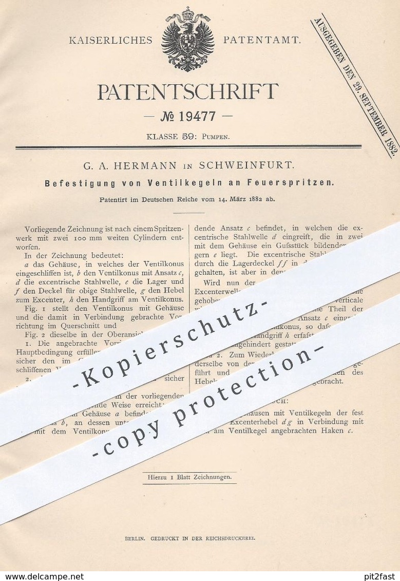 Original Patent - G. A. Hermann , Schweinfurt , 1882 , Ventilkegel An Feuerspritzen | Feuerwehr - Spritze | Pumpe !! - Documenti Storici